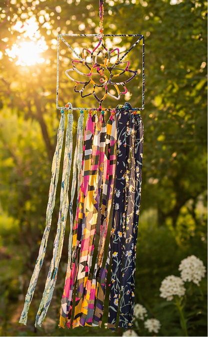 Boho Silk Fringe Wall Hanging – Geometric Flower Fiber Art – 34” Statement Decor