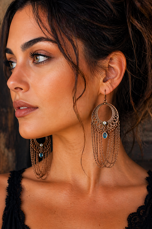 Boho Fringe Hoop Earrings – Antique Copper Filigree with Crystal Drops