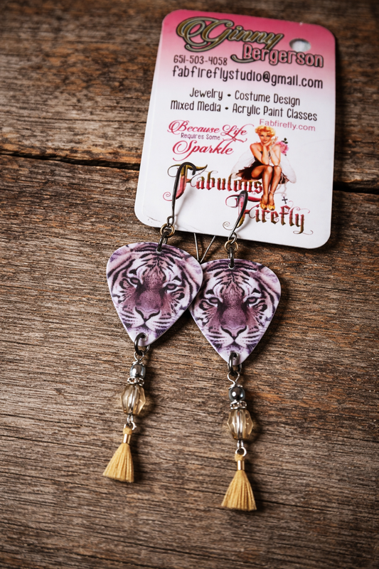 White Tiger Guitar Pick Earrings with Austrian Crystal Tassels