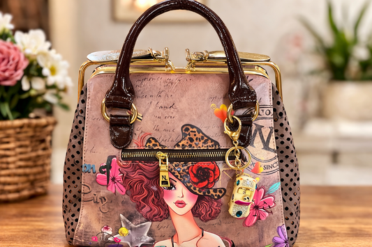 Nicole Lee “Vegas Muse” Graphic Satchel Handbag with Rhinestone Car Charm – Polka Dot Interior