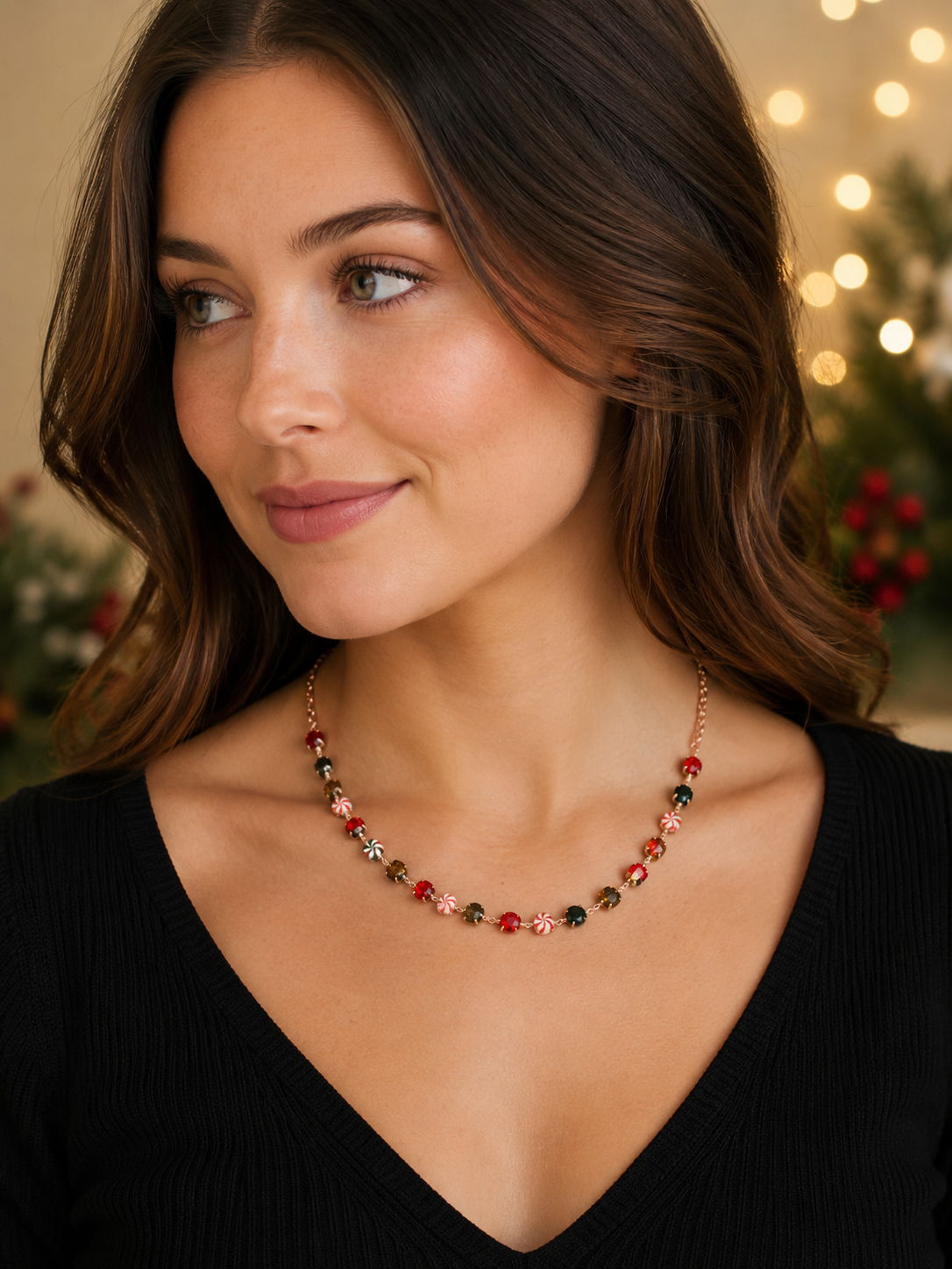 Handmade Christmas Crystal Necklace with Peppermint Candy Beads – Adjustable 16–20”