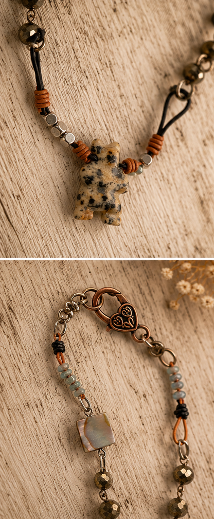 Handmade Courage Bear Stone Necklace | Leather, Abalone, Crystal & Paper Clip Chain | 18 Inch