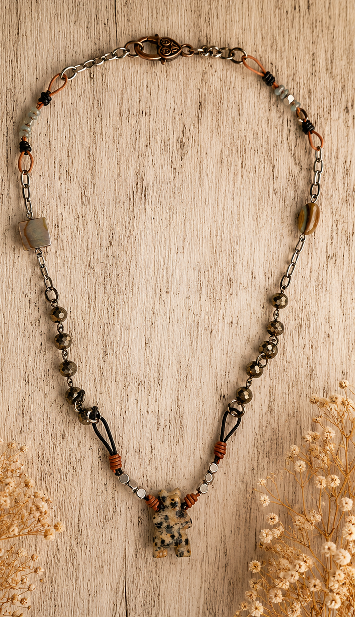 Handmade Courage Bear Stone Necklace | Leather, Abalone, Crystal & Paper Clip Chain | 18 Inch