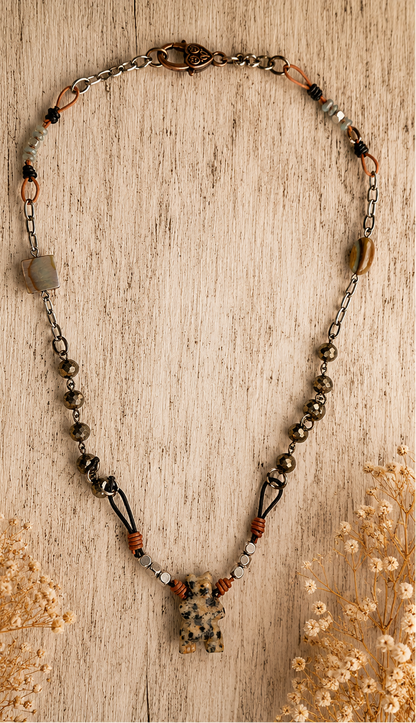 Handmade Courage Bear Stone Necklace | Leather, Abalone, Crystal & Paper Clip Chain | 18 Inch