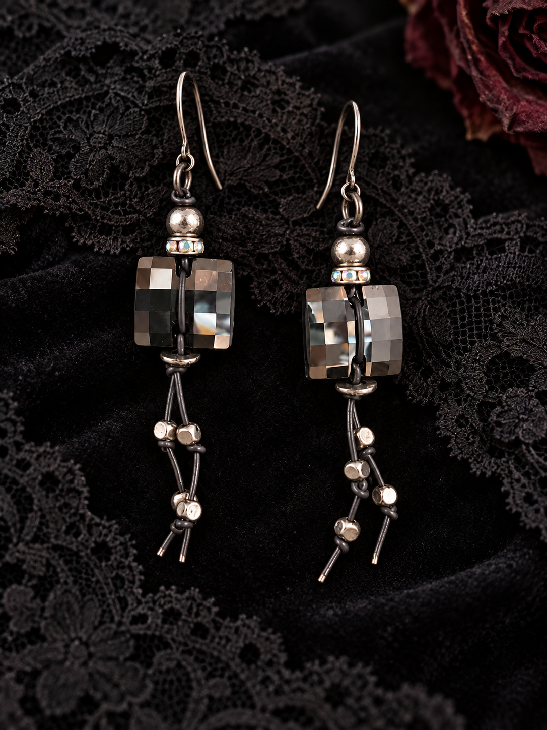 Swarovski Crystal and Knotted Leather Drop Earrings