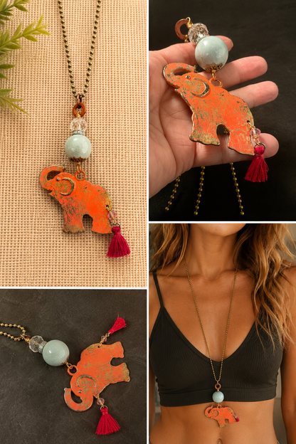 Handmade Pink Elephant Pendant Necklace | 36” Antique Brass Ball Chain | Boho Statement Jewelry