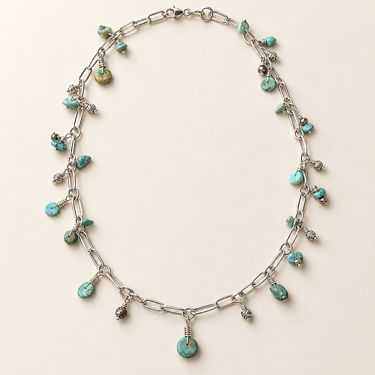 Turquoise & Metal Bead Paperclip Chain Necklace – 28 Inches
