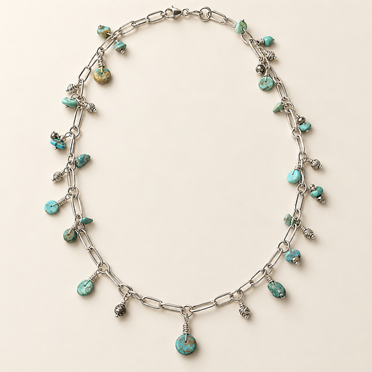 Turquoise & Metal Bead Paperclip Chain Necklace – 28 Inches
