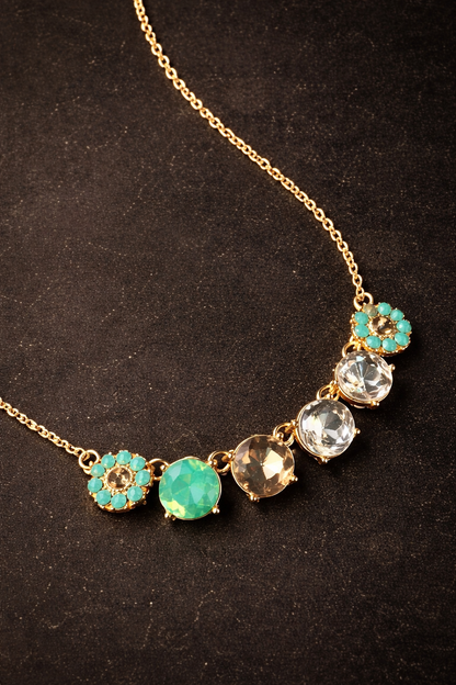 Austrian Crystal Floral Necklace – Turquoise & Champagne Sparkle Statement Collar