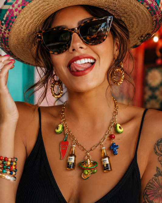 Mexican Charm Necklace | Avocado, Chili Pepper, Beer Bottle & Guitar Player Charms | 18” Gold Paperclip Chain