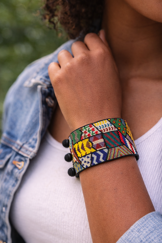 Mosaic Muse Peyote Stitch Cuff Bracelet | Wide Hand Beaded Statement Bracelet