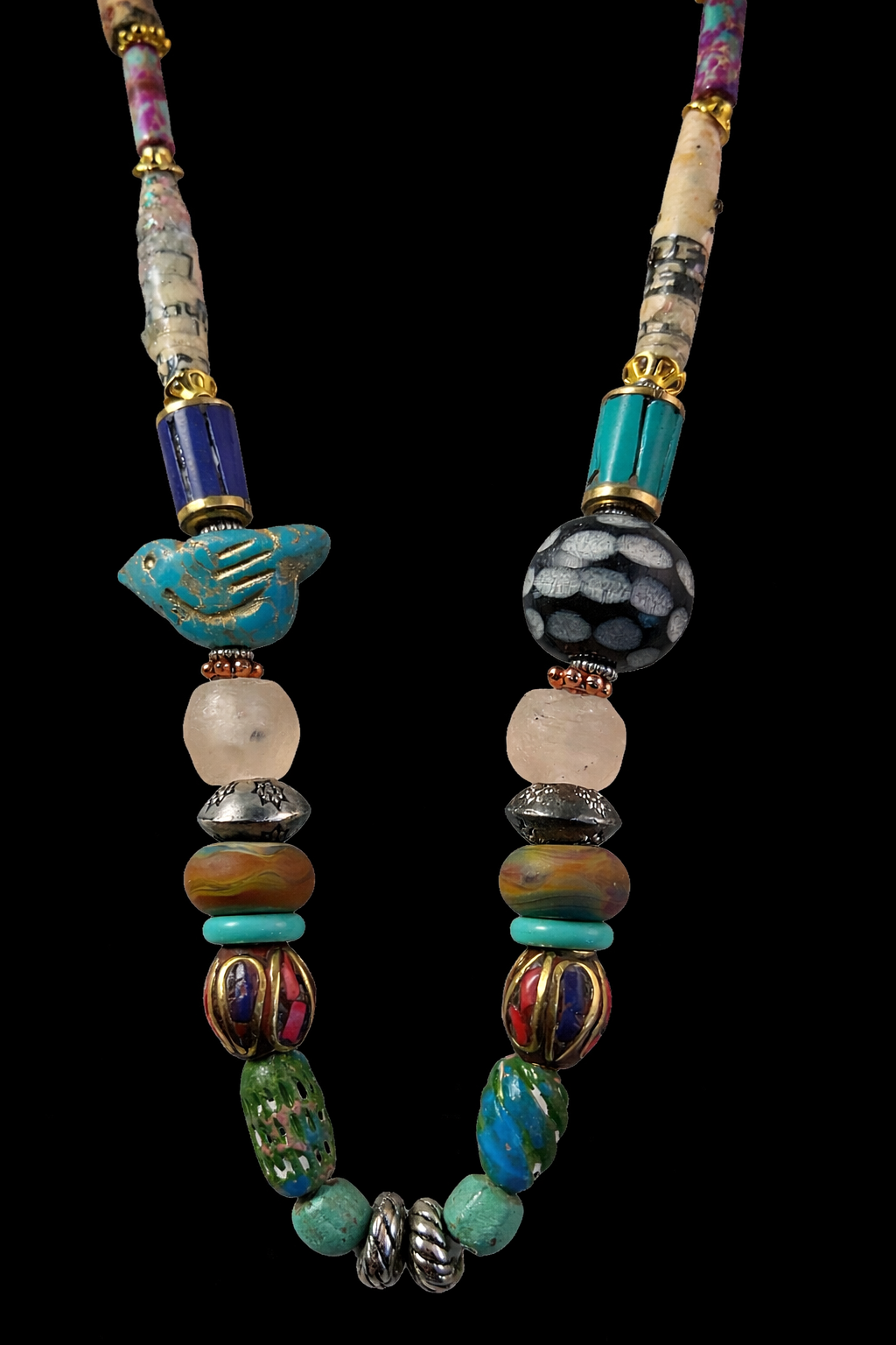 Spirit Flight | African Bead Necklace with Carved Stone Eagle