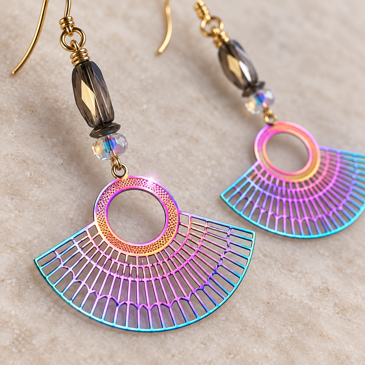 Iridescent Fan Dangle Earrings with Crystal Beads
