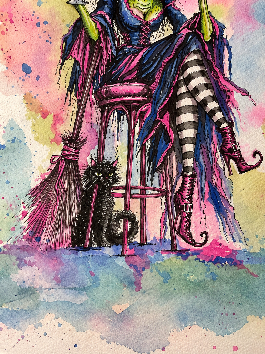 Bad Habits, Good Boots – Original Framed Witch Watercolor Painting
