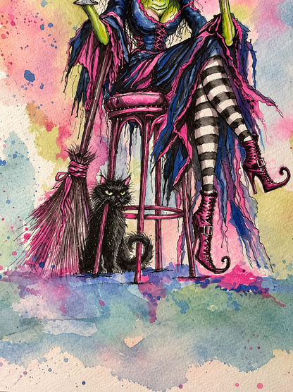 Bad Habits, Good Boots – Original Framed Witch Watercolor Painting