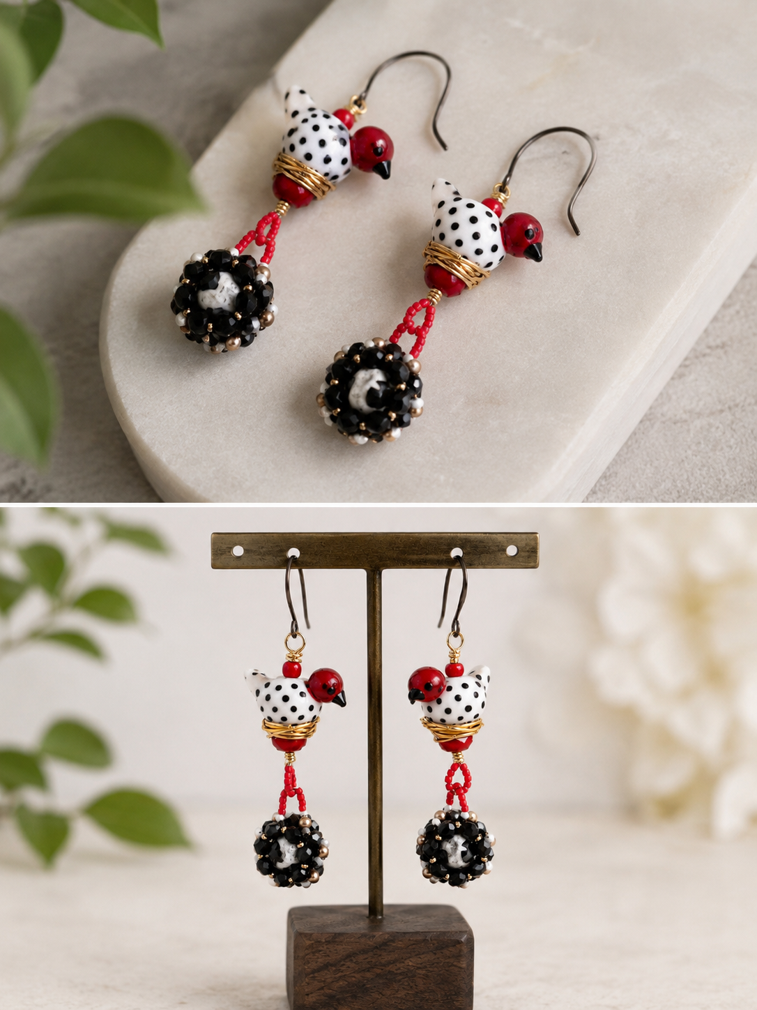 Hand Blown Glass Bird Earrings | Black & White Beaded Dangle Earrings | Artisan Wire Nest Jewelry