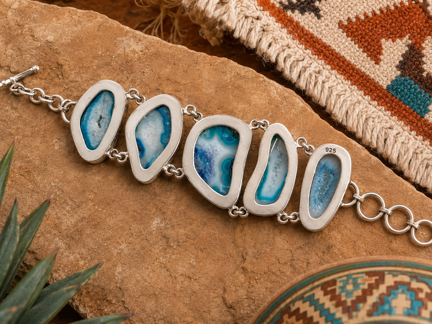 Sterling Silver Blue Druzy Agate Bracelet – 925 Adjustable Toggle Bracelet with Five Natural Stone Slices