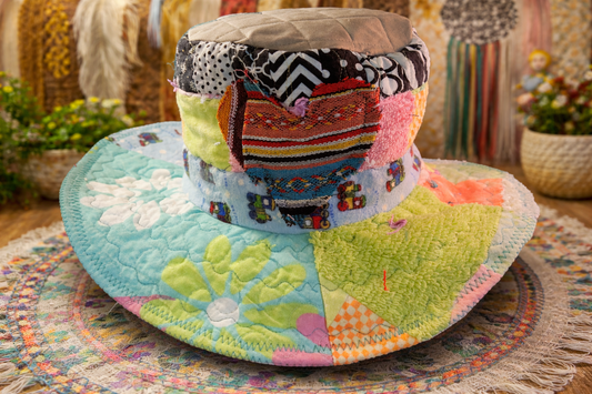 Dorothy Jean Reversible Patchwork Hat – Boho Quilted Sun Hat with Moldable Brim – Size Medium 22” Head