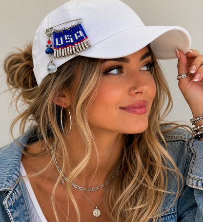 Patriotic USA Safety Pin Brooch with Seed Beads and Crystal Dangle