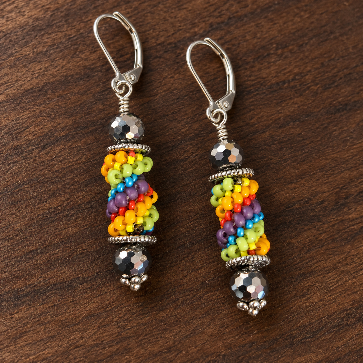 Handmade Rainbow Seed Bead Dangle Earrings with Leverback Wires