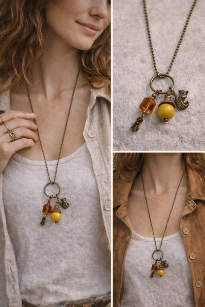 Woodland Squirrel Charm Necklace – Acorn & Austrian Crystal on Antique Ball Chain (32”)