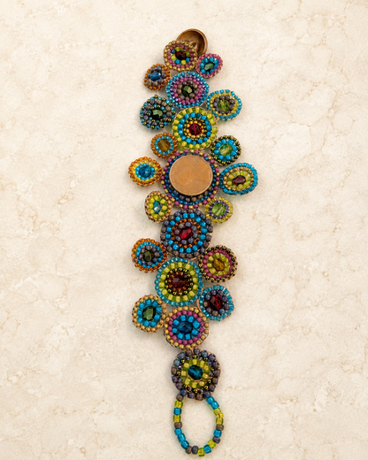 Hand Beaded Penny Bracelet with Domed Coins, Czech Glass & Crystal Beads
