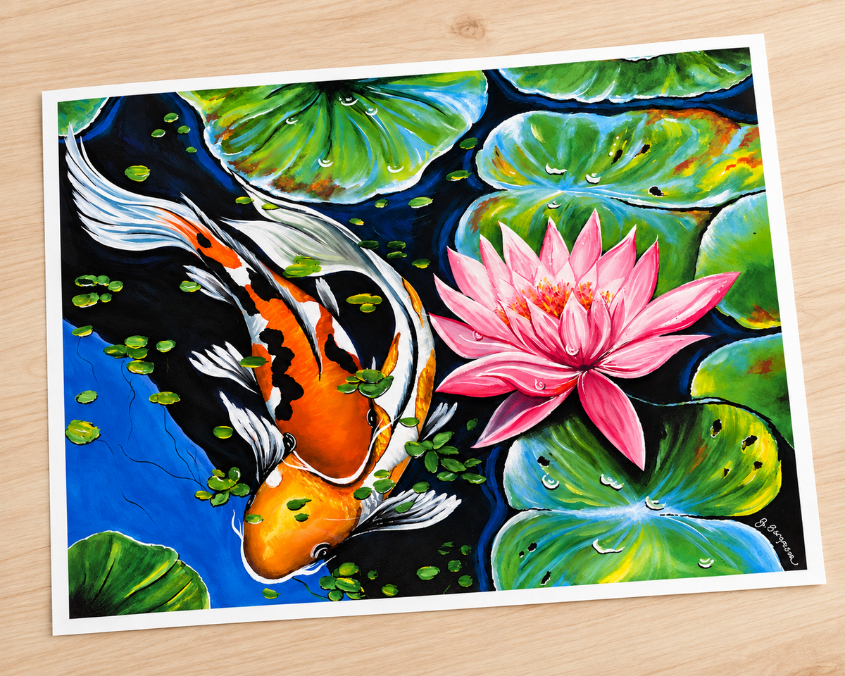 My Koi Fish & Pink Water Lily Art Print 16x20 | Fabulous Firefly