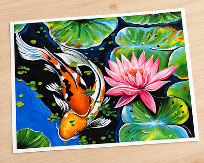 My Koi Fish & Pink Water Lily Art Print 16x20 | Fabulous Firefly