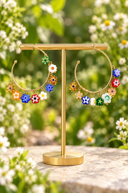 Colorful Millefiori Glass Flower Gold Hoop Earrings