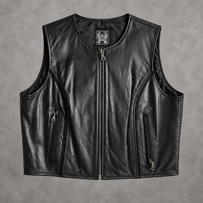 Women’s XL Black Leather Motorcycle Vest with Tribal Cross