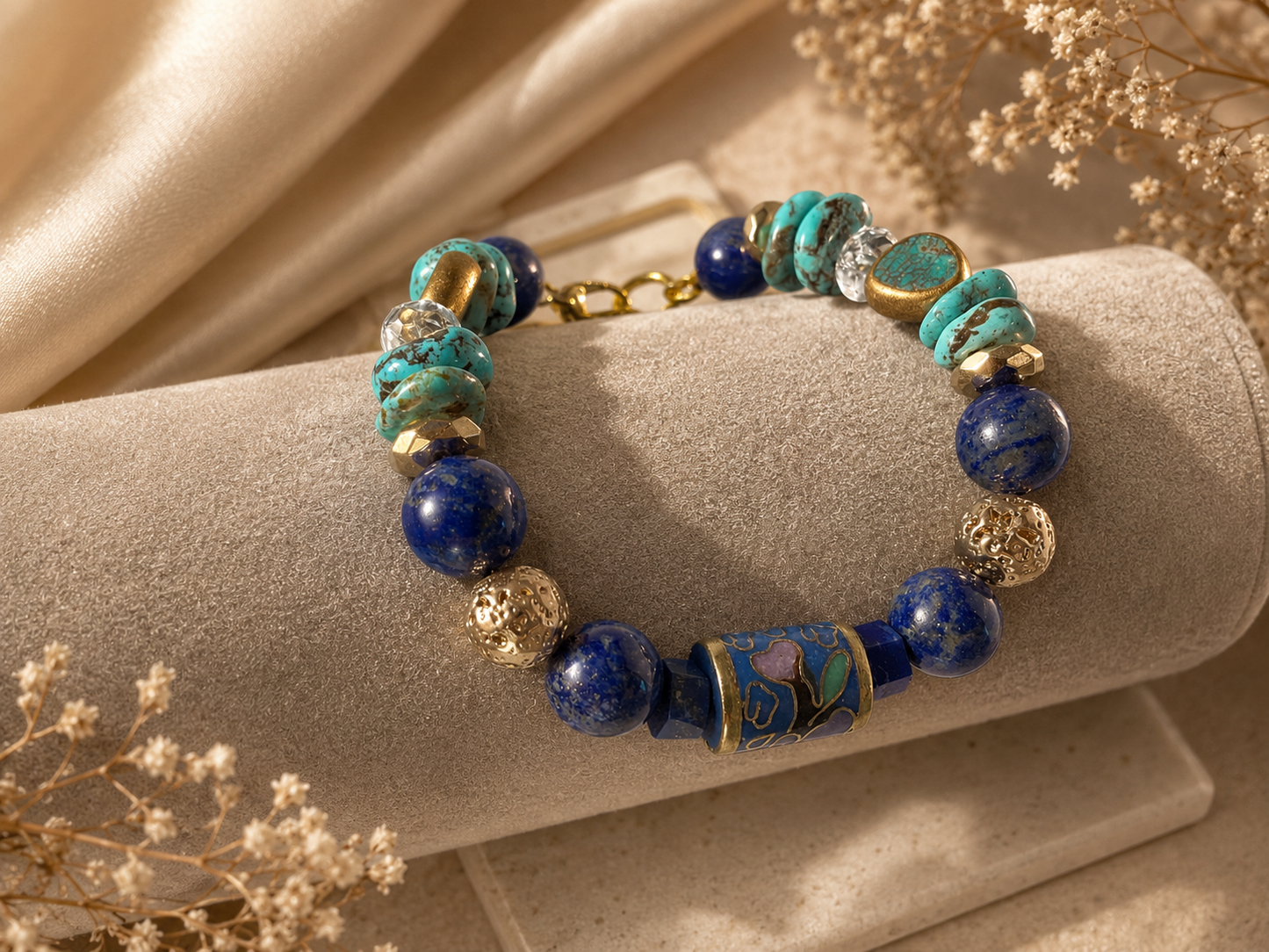 Handmade Turquoise and Lapis Bracelet | Cloisonné Barrel Bead | Crystal Quartz | 8 Inch Artisan Jewelry