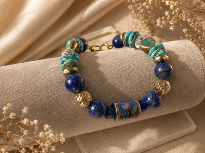 Handmade Turquoise and Lapis Bracelet | Cloisonné Barrel Bead | Crystal Quartz | 8 Inch Artisan Jewelry