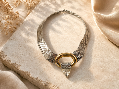 Vintage Silver Mesh Choker Necklace with Gold Oval Accent and Clear Rhinestone Pendant