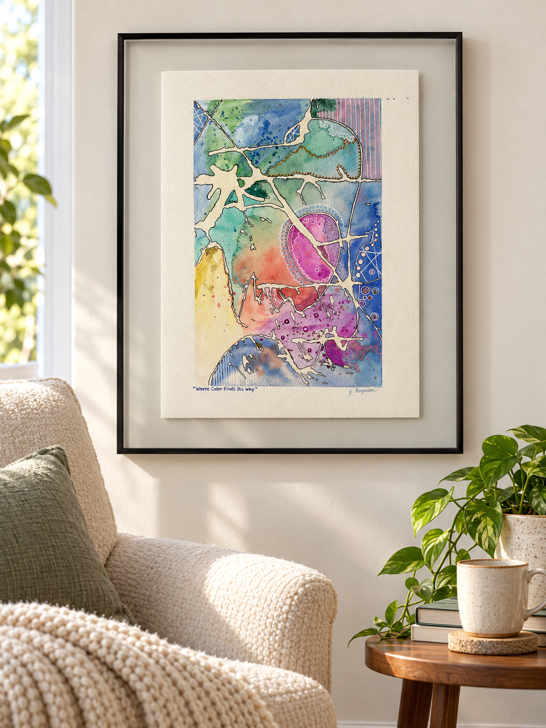 Where Color Finds It's Way - Original Watercolor & Pen Painting, 14" x 19" framed
