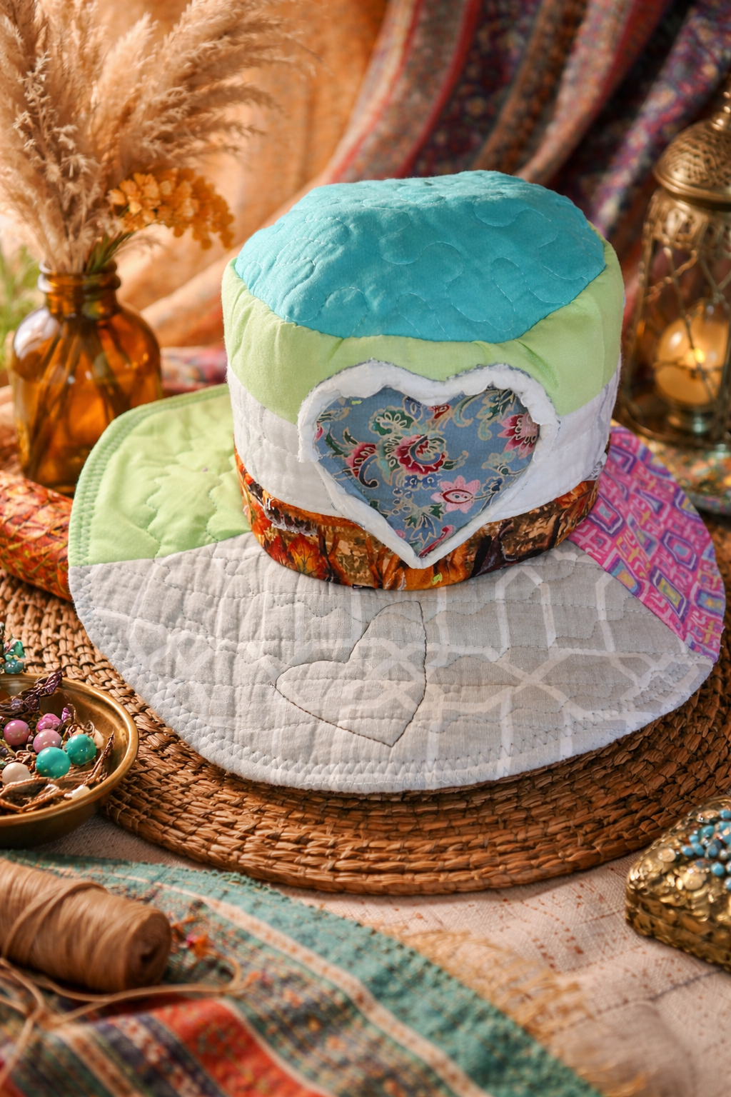 Bohemian Patchwork Reversible Hat – One-of-a-Kind Wide Brim Art Hat (22” Fit)