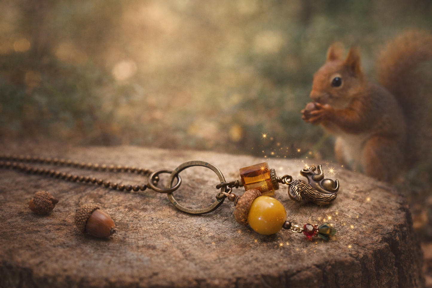 Woodland Squirrel Charm Necklace – Acorn & Austrian Crystal on Antique Ball Chain (32”)
