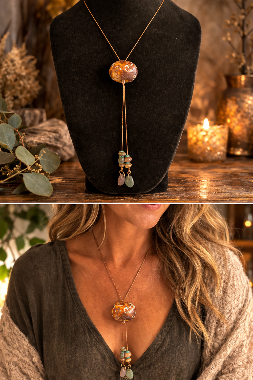 Artisan Lampwork Glass Slider Necklace – Hand Blown Glass Bead with Natural Stone Dangle Accents