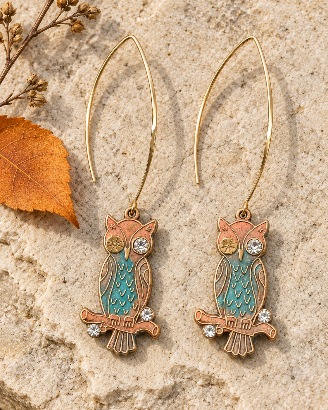 Hand-Painted Owl Earrings with Rhinestones