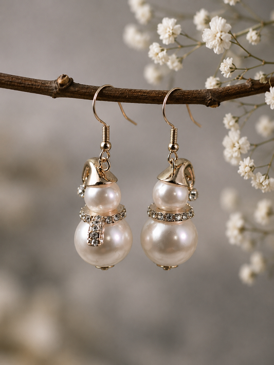 Pearl Snowman Earrings with Rhinestone Scarf – Winter Dangle Earrings