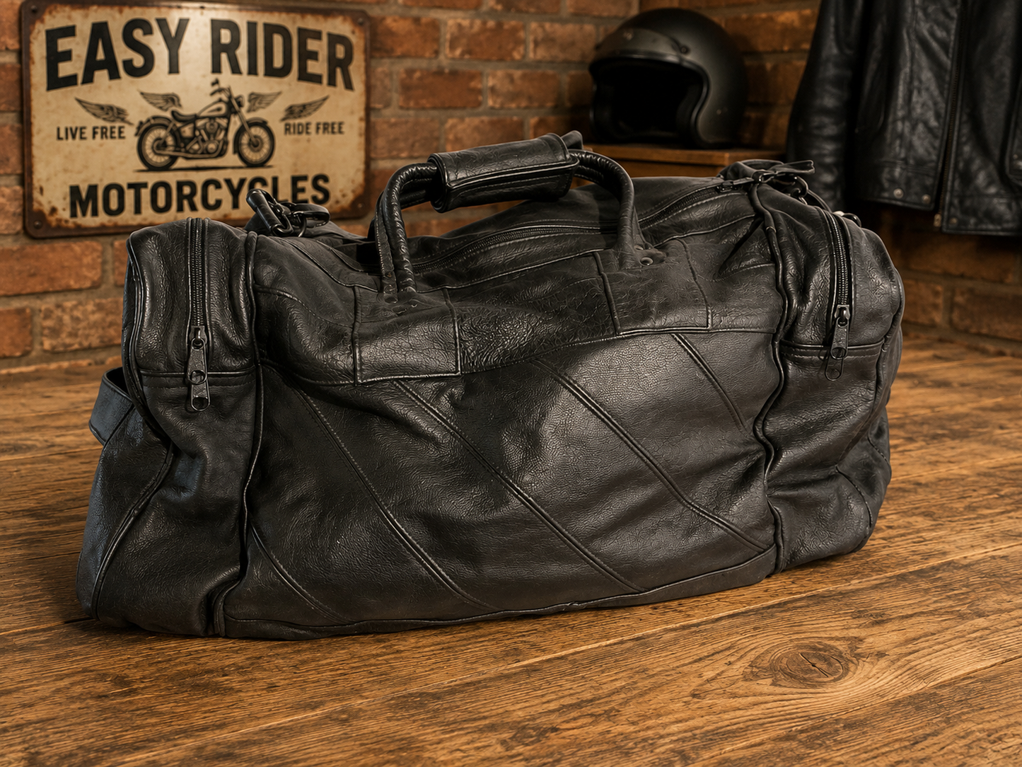 Vintage All Leather Motorcycle Travel Duffel Bag with Embroidered Easy Rider Logo