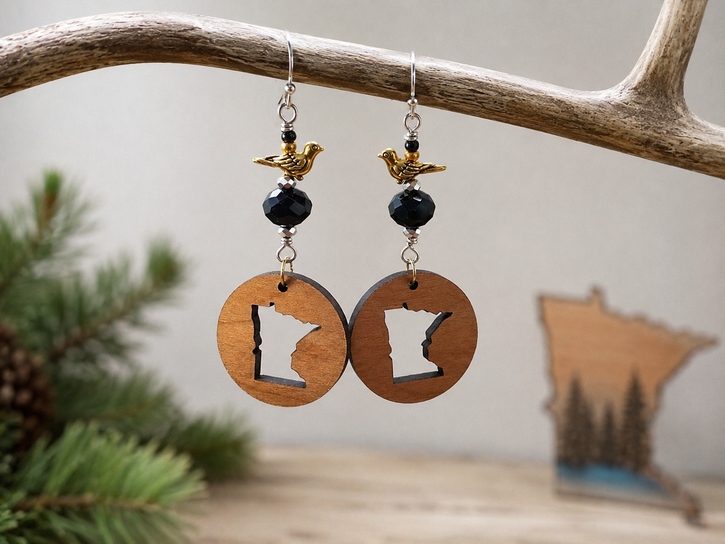 Handmade Minnesota Earrings with Swarovski Crystals, Gold Bird Charms & Wooden State Silhouette