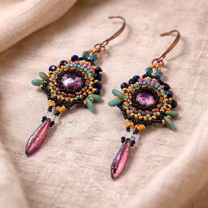 Sunburst Gypsy Beaded Earrings – Crystal Center with Dagger Drop