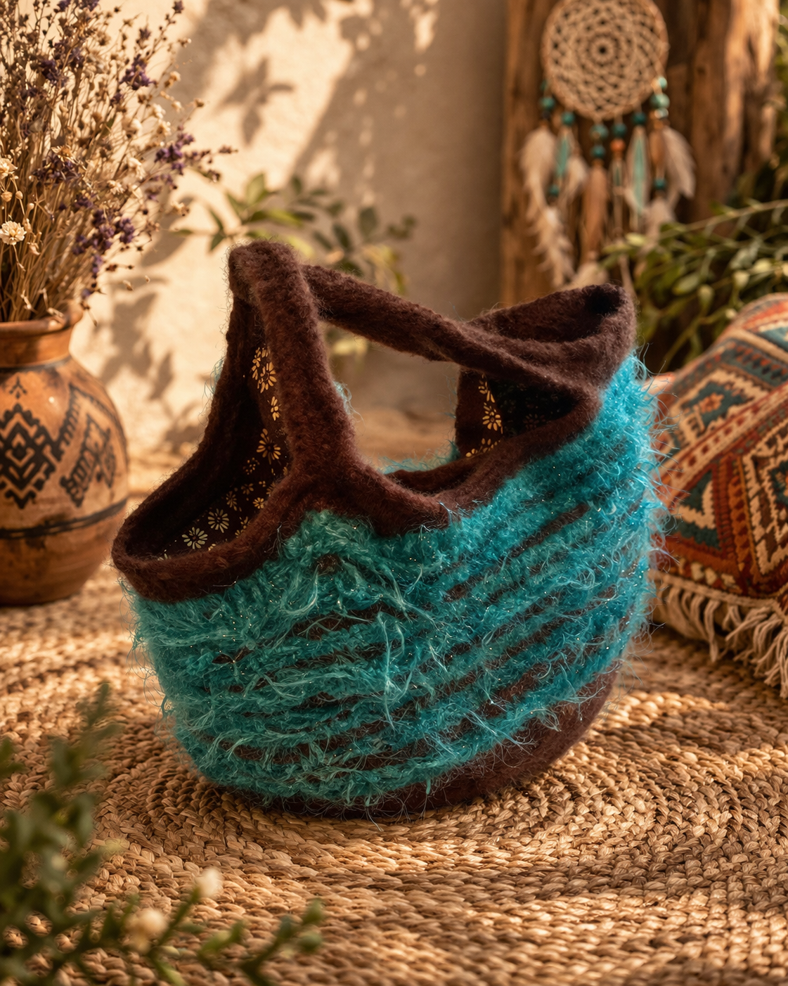 Boho Fuzzy Blue Knit Handbag – Handmade Wool Purse with Floral Lining, Soft Textured Yarn Tote