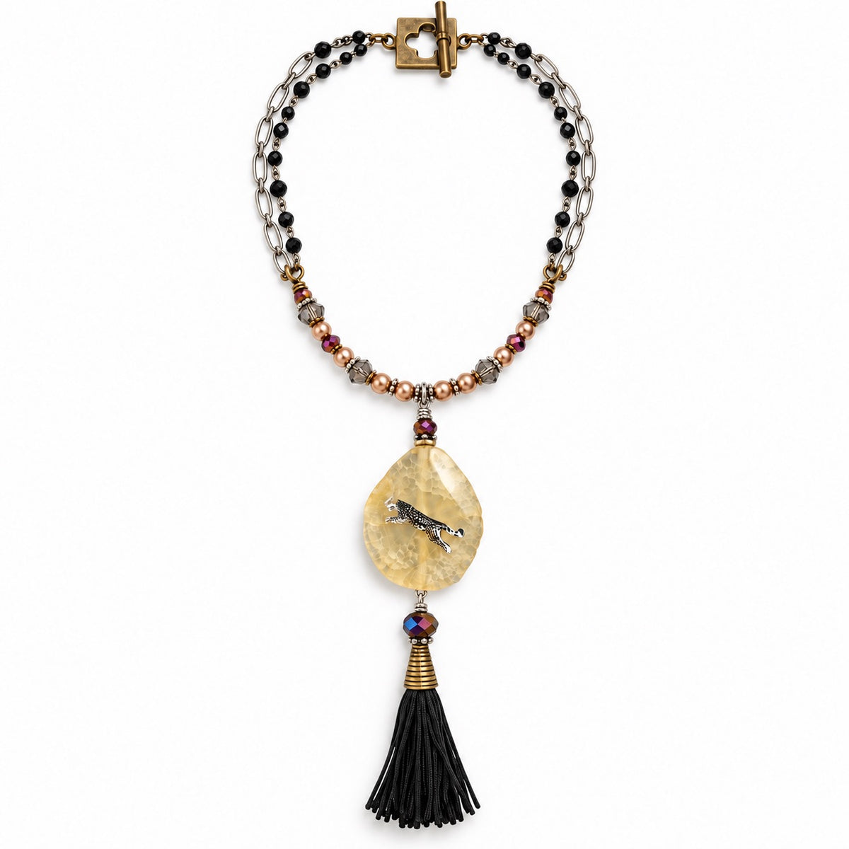 Golden Stone Leopard Pendant Necklace with Swarovski Pearls & Black Tassel