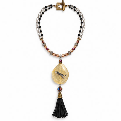 Golden Stone Leopard Pendant Necklace with Swarovski Pearls & Black Tassel