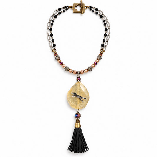 Golden Stone Leopard Pendant Necklace with Swarovski Pearls & Black Tassel