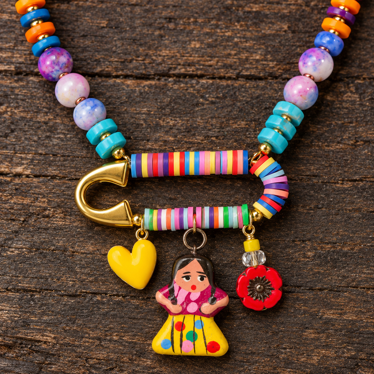 Frida Charm Necklace with Jasper, Heishi Beads & Birds
