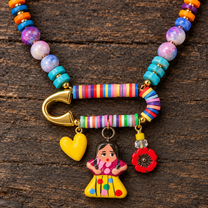 Frida Charm Necklace with Jasper, Heishi Beads & Birds