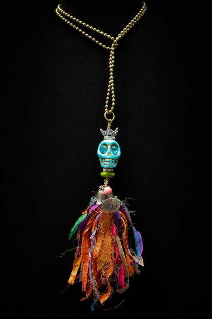 Boho Skull Tassel Necklace – Resin Skull with Crystal Eyes, Crown & Silk Tassel – Choose Your Color