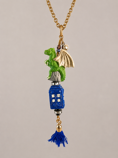 Dragon Pendant Necklace with Blue Tassel, Resin Dragon Charm, Rhinestone Accent, 28 Inch Chain